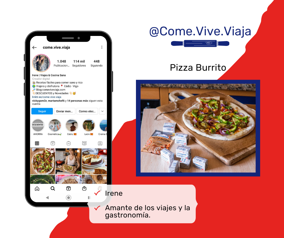 Perfil Come,Vive,Viaja instagram publicitando la pizza burrito